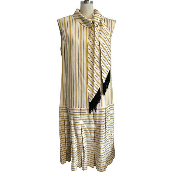 Vintage 1960s Martin Berens Drop Waist Yellow Striped Sleeveless Dress Medium - Picture 1 of 10